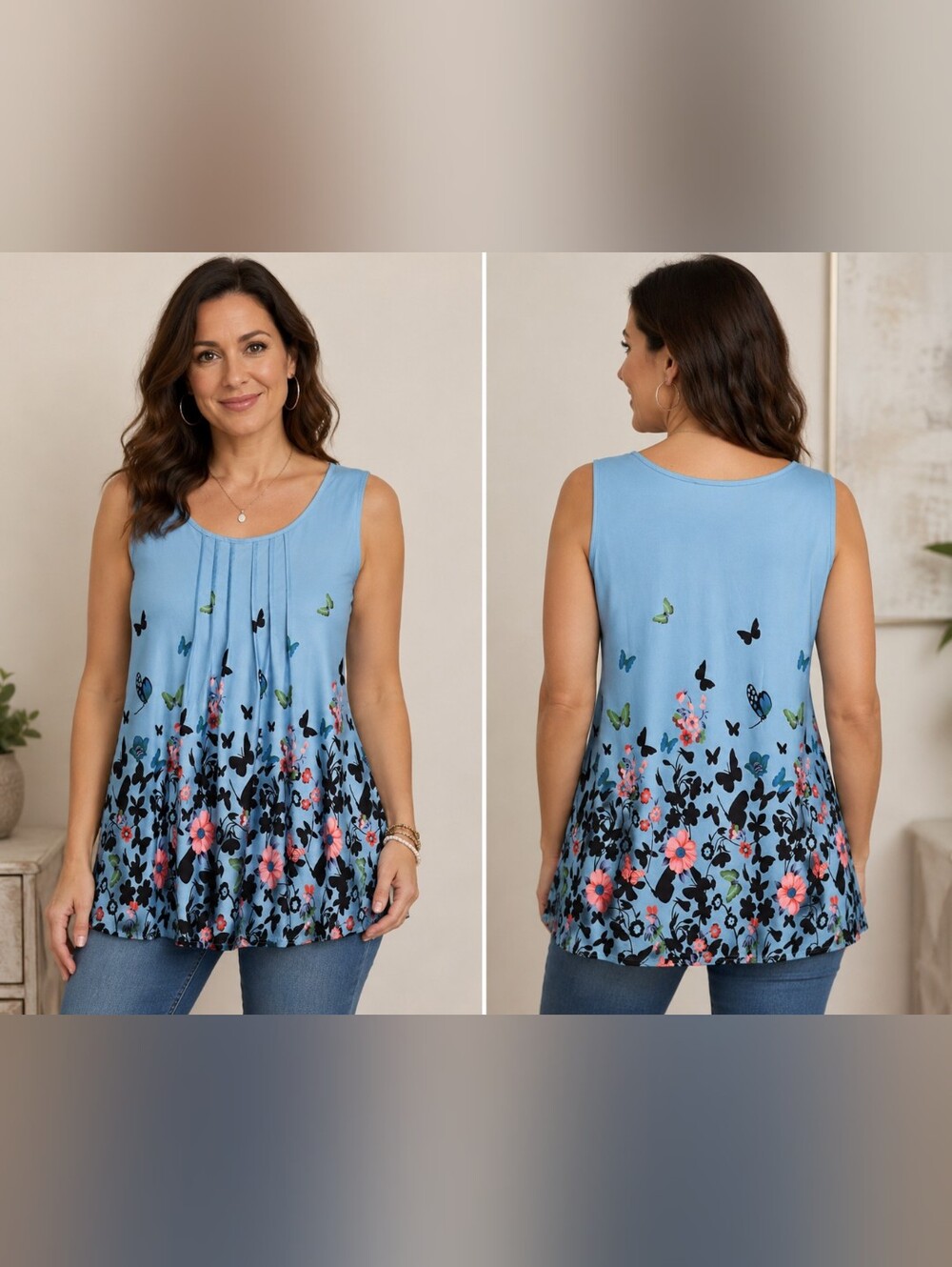 Lilly by Firmiana Womens XL Blue Floral Butterfly Sleeveless Tunic Top 41" Bust